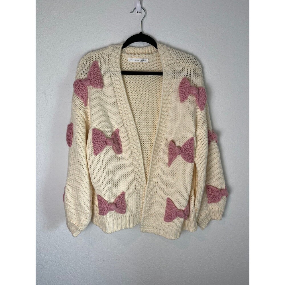 Altar'd State Sweater Womens Medium Chunky Knit Cardigan Pink Bow Cute Cozy Pull